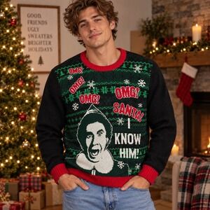 Elf Movie Buddy I Know Him Ugly Christmas Sweater Mens Large Black Green Red